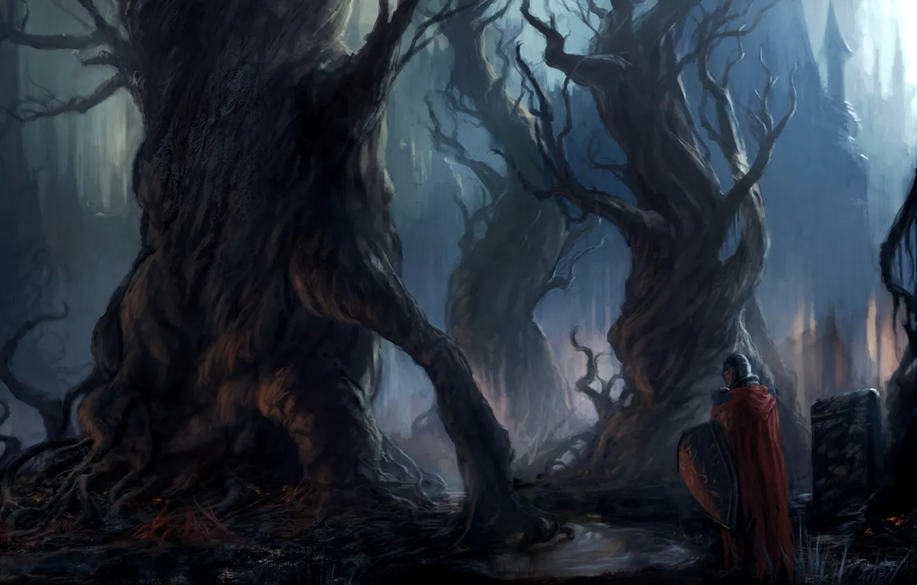 Фото обои деревья, шит, рыцарь, плащ, art, Dark Souls