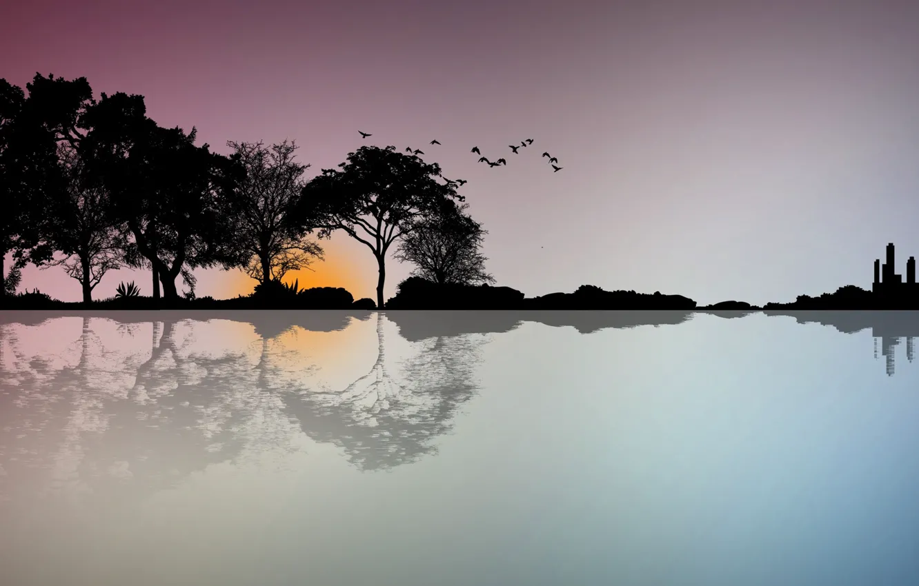 Фото обои деревья, пейзаж, закат, птицы, вектор, силуэт