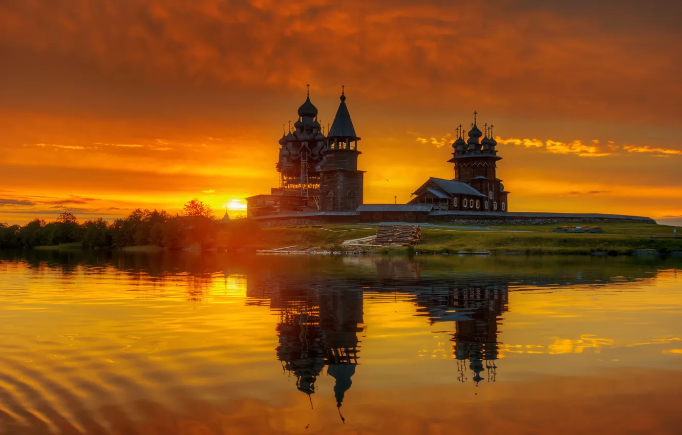 Фото обои рассвет, Россия, Кижи, Карелия