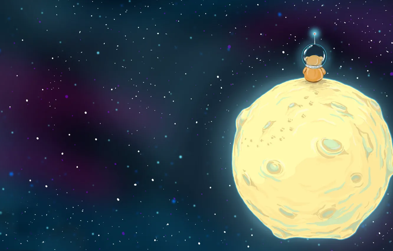 Фото обои космос, звезды, луна, рисунок, космонавт, медведь, шлем