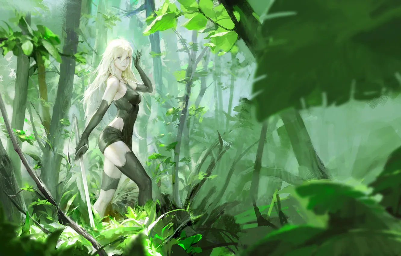 Фото обои зелень, девушка, меч, катана, джунгли, NieR Automata