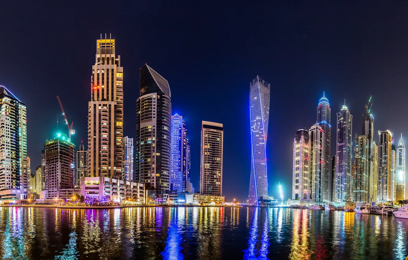 Фото обои река, ночные огни, небоскреб, Ночь, Город, Дубай
