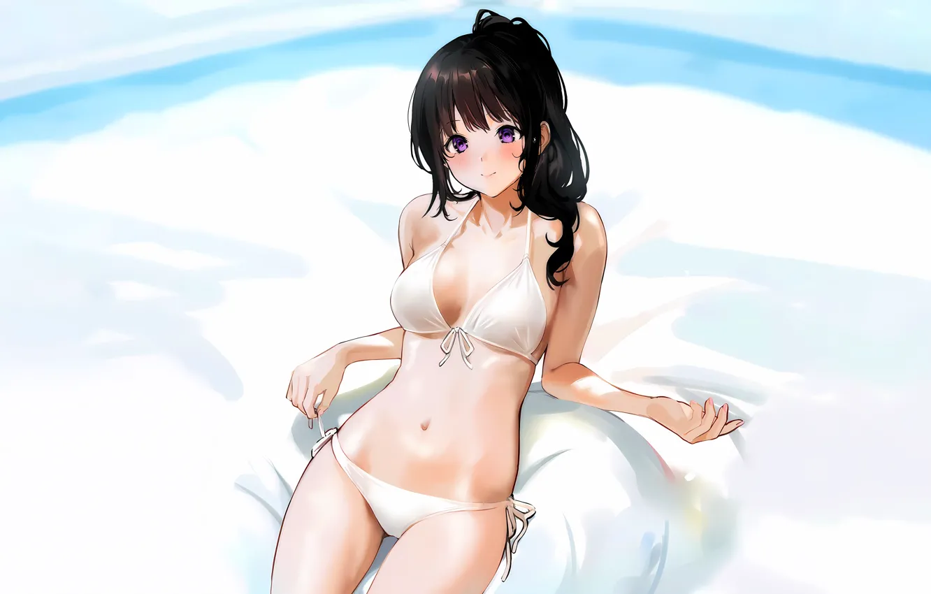 Фото обои girl, sexy, cleavage, long hair, boobs, anime, beautiful, purple eyes