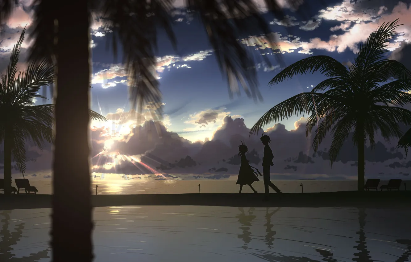 Фото обои пляж, девушка, облака, пейзаж, закат, пальмы, Аниме, парень