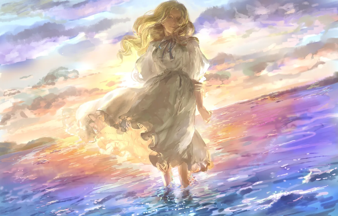 Фото обои море, волны, девушка, ветер, платье, арт, mukuinu, marnie