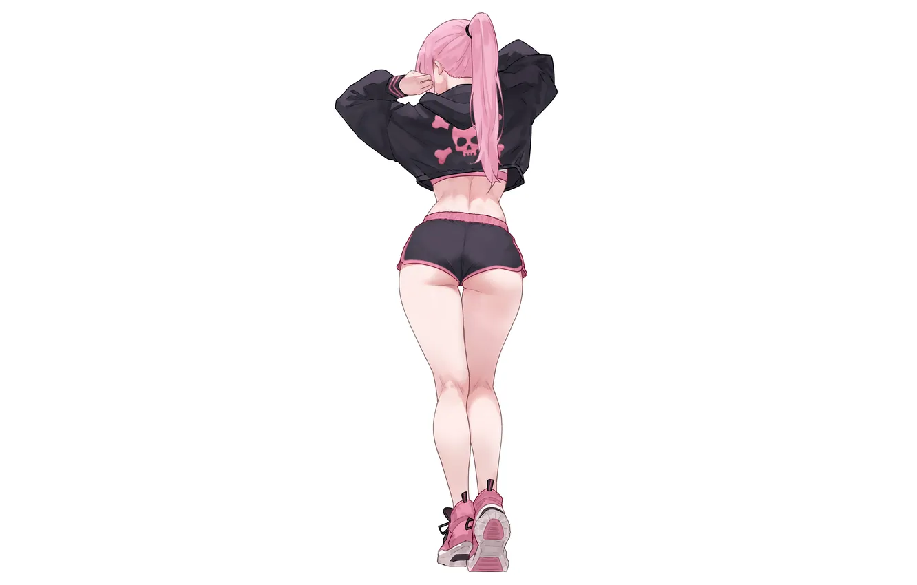 Фото обои ass, pink hair, ponytail, standing, thighs, arms up, bare midriff, bluefield