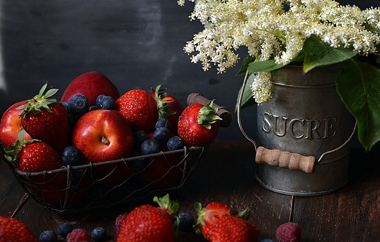 Фото обои цветы, ягоды, натюрморт, фрукты, букет