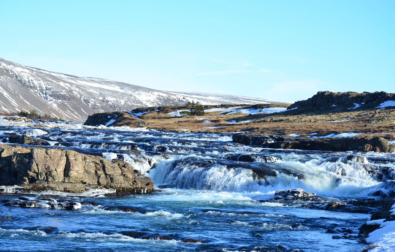 Фото обои landscape, nature, water, winter, snow, waterfall, Iceland, tundra