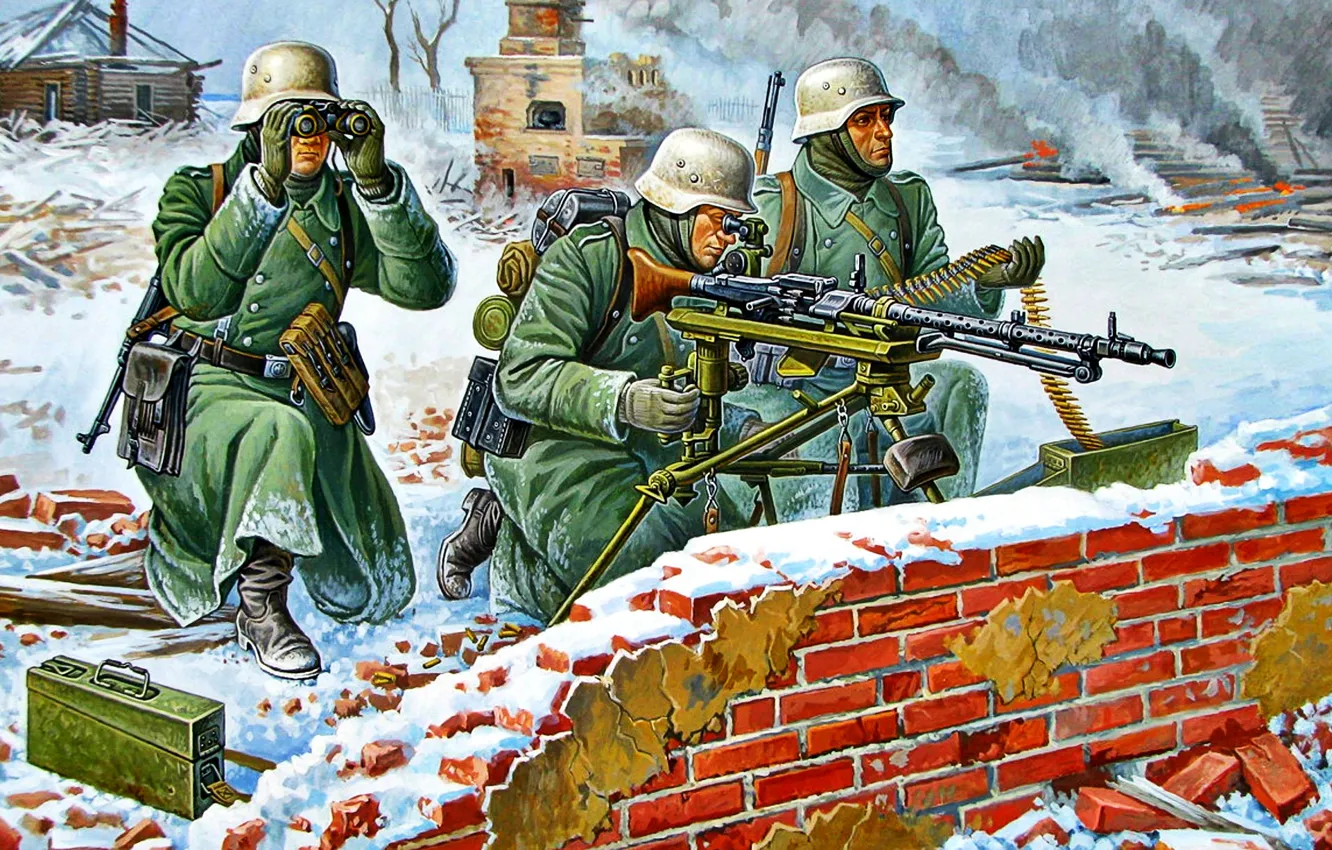 Фото обои Зима, Солдаты, Вторая Мировая война, Вермахт, Расчёт, MG-34, единый пулемёт