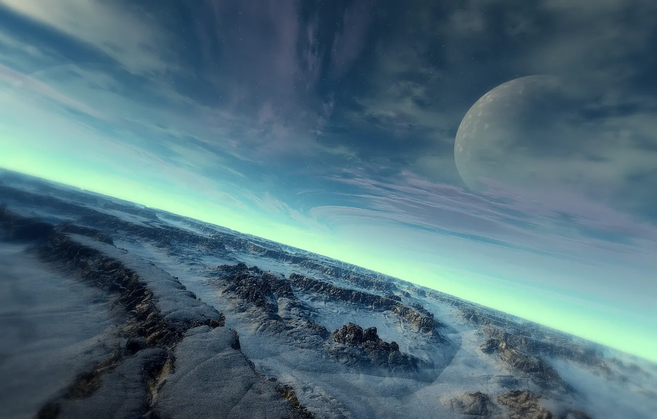 Фото обои холод, небо, поверхность, снег, камни, планета