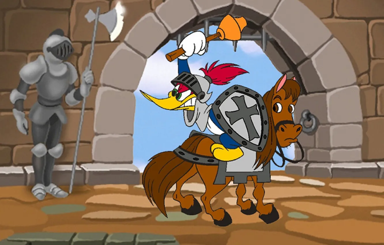 Фото обои лошадь, дятел, щит, рыцарь, Вуди, woody woodpecker