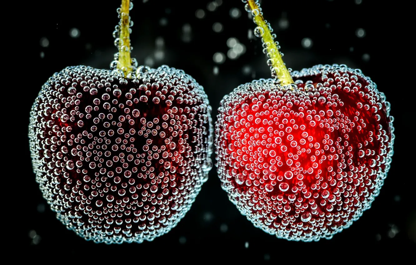 Фото обои вода, пузырьки, вишня, ягоды, воздух