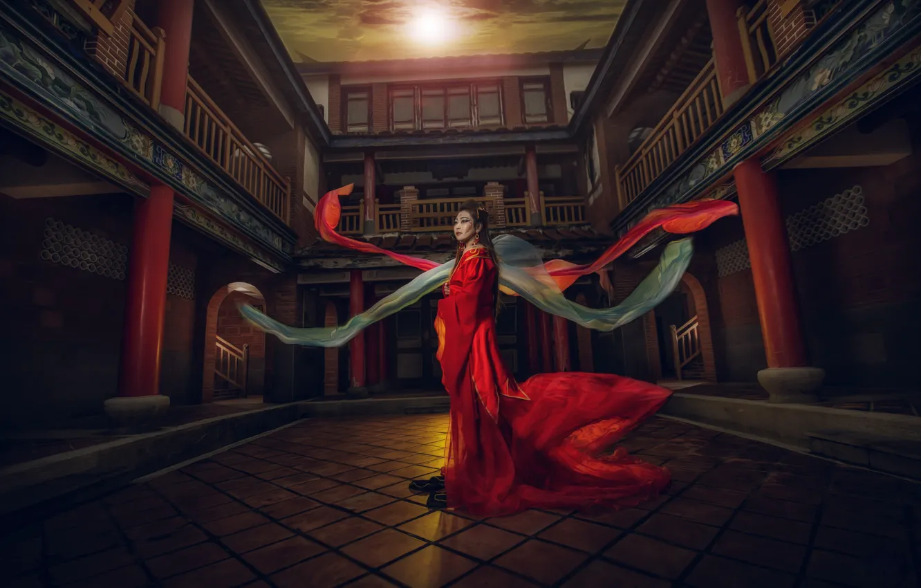 Фото обои стиль, азиатка, красное платье