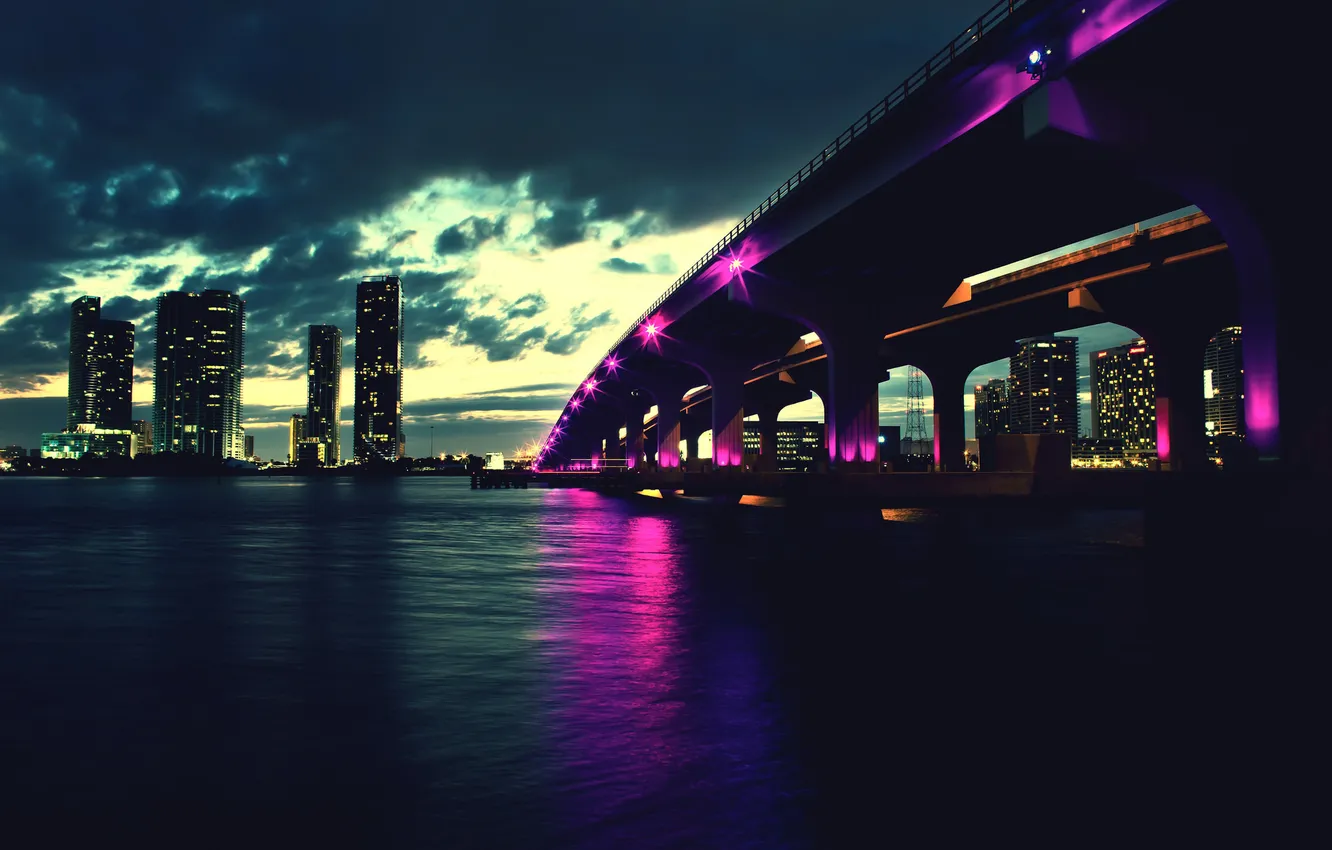 Фото обои ночь, мост, город, Флорида, Miami, Florida, Майями