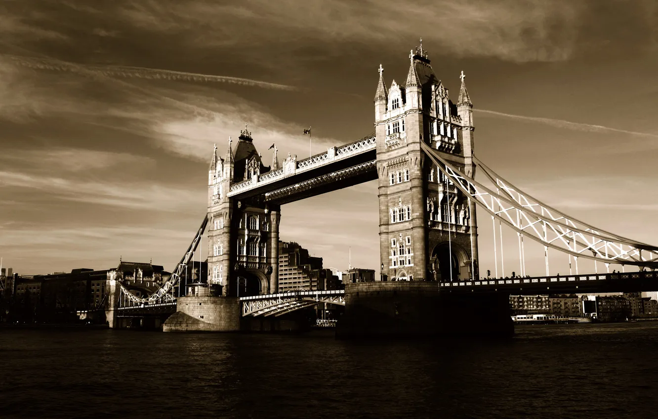 Фото обои Англия, Лондон, сепия, Темза, Тауэрский мост, Tower Bridge
