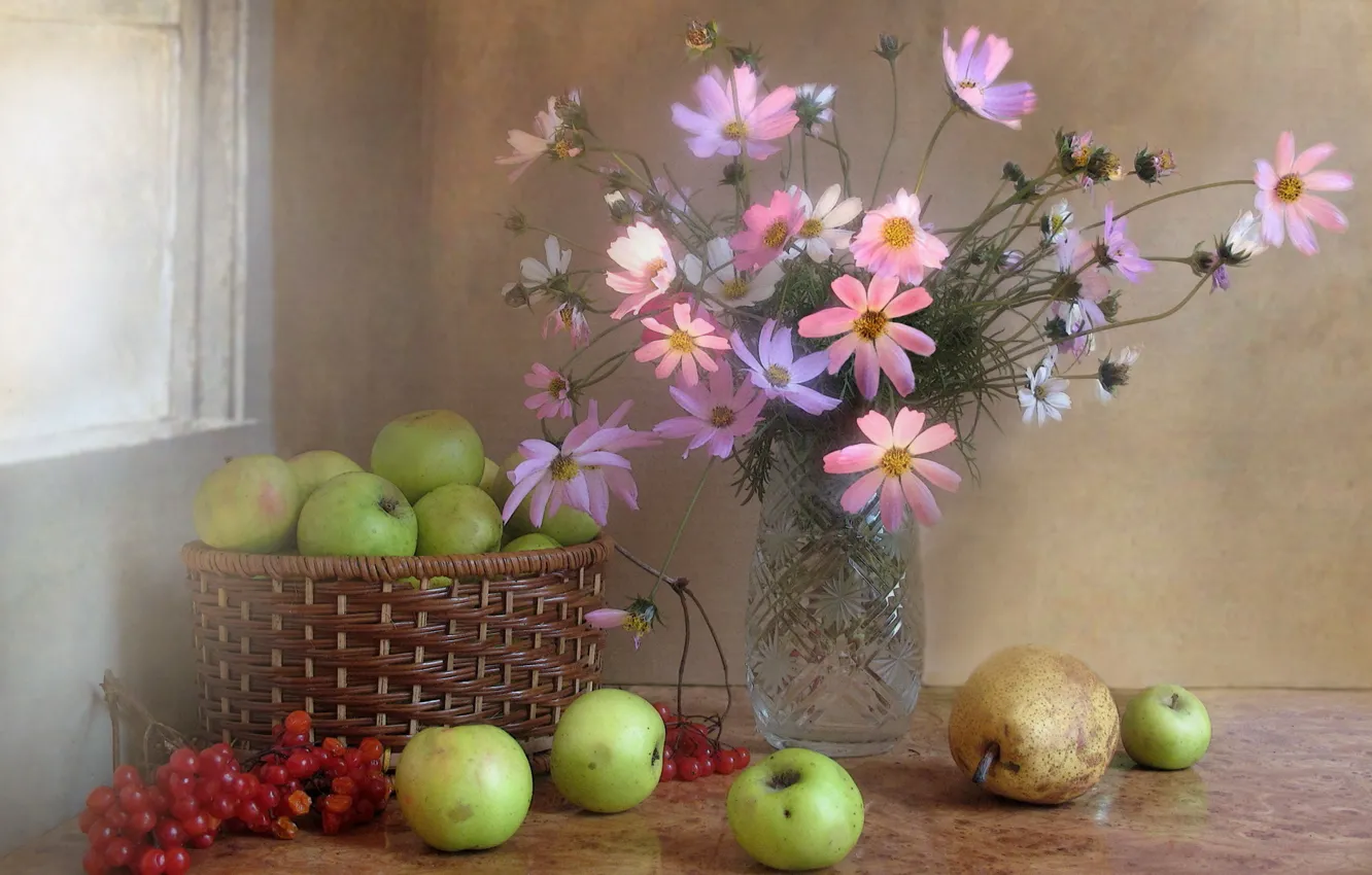 Фото обои осень, цветы, ягоды, яблоки, букет, фрукты, натюрморт, композиция