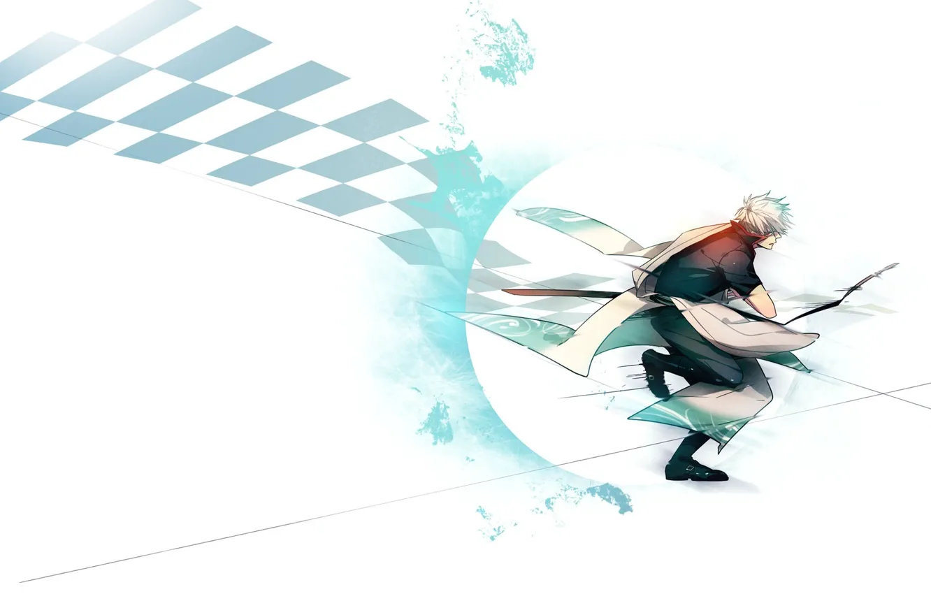 Фото обои меч, белый фон, парень, атакует, Gintama, Sakata Gintoki, Гинтама, шахматная клетка