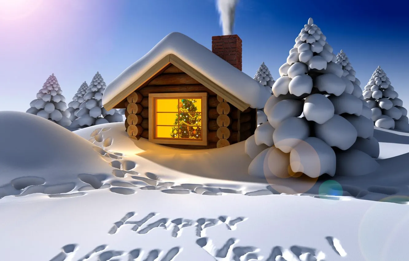 Фото обои зима, снег, украшения, ночь, следы, праздник, надпись, дым