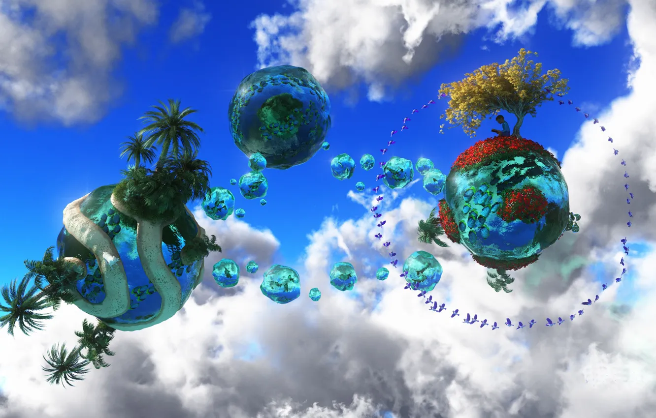 Фото обои небо, вода, облака, фантазия, дерево, птица, мир, планеты