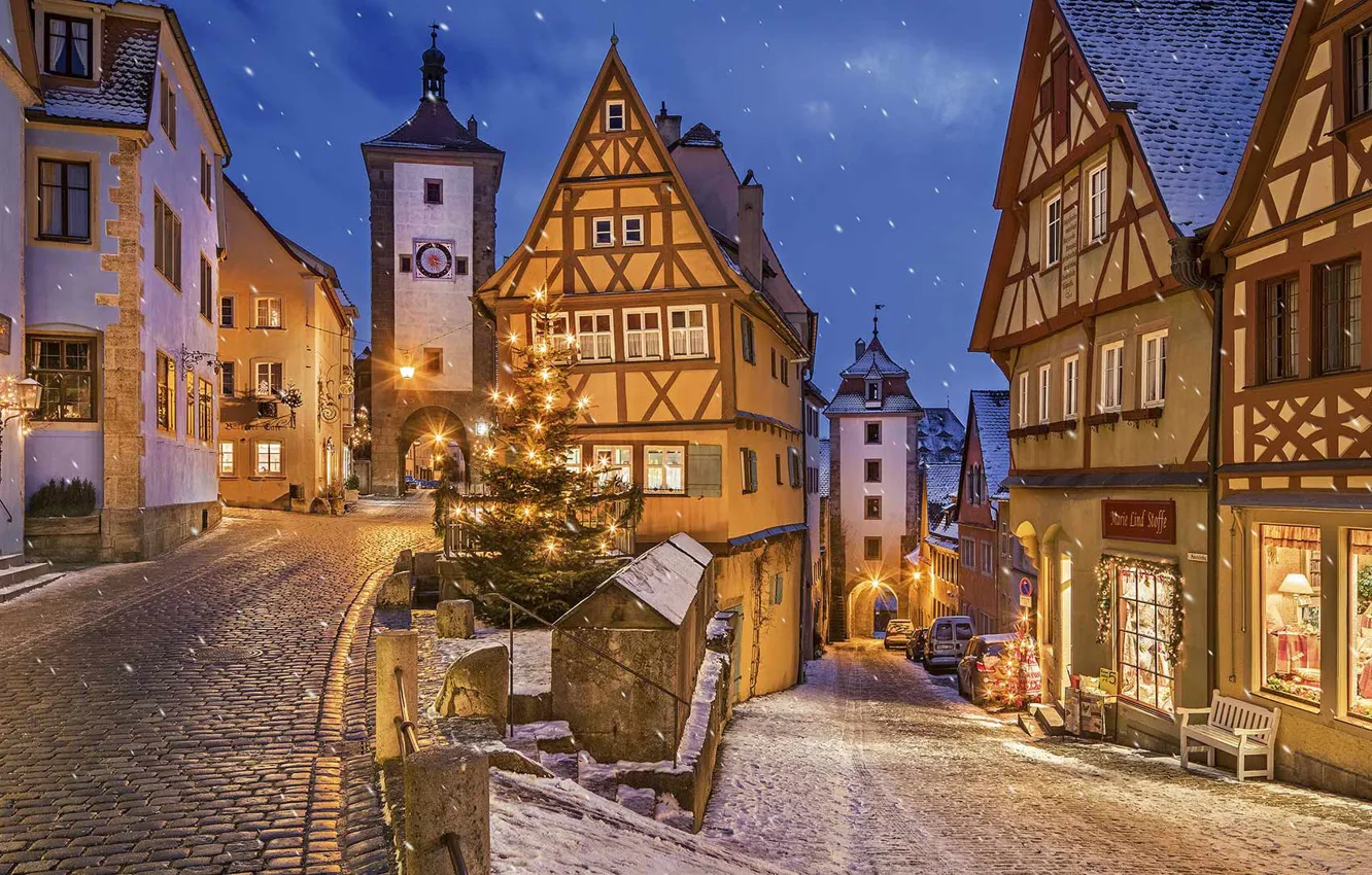 Фото обои ночь, огни, дома, Германия, Бавария, Рождество, Ротенбург-на-Таубере, Ротенбург-об-дер-Таубер