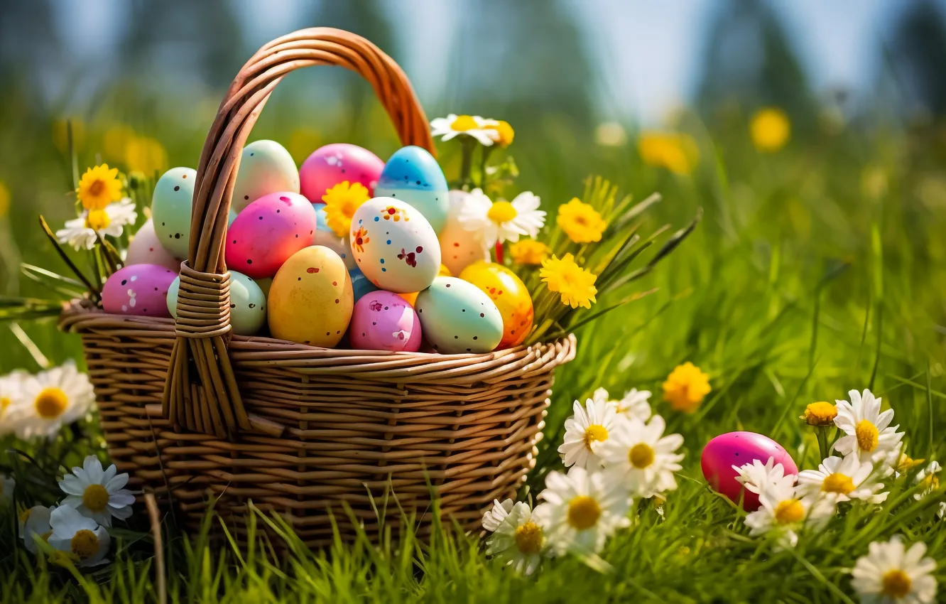 Фото обои цветы, корзина, поляна, яйца, весна, colorful, Пасха, happy