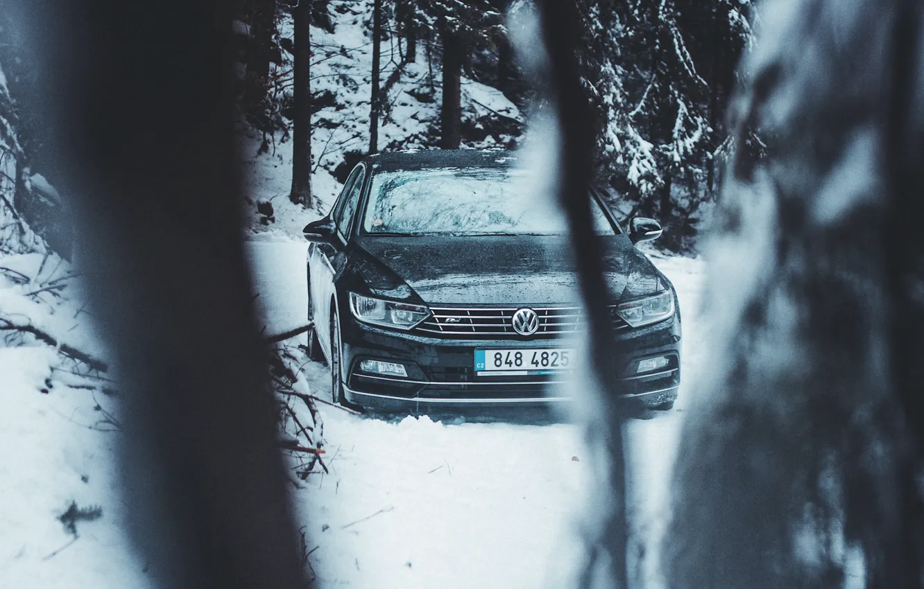 Фото обои Volkswagen, Car, Wood, Winter, Snow, Sedan, Trees, Passat