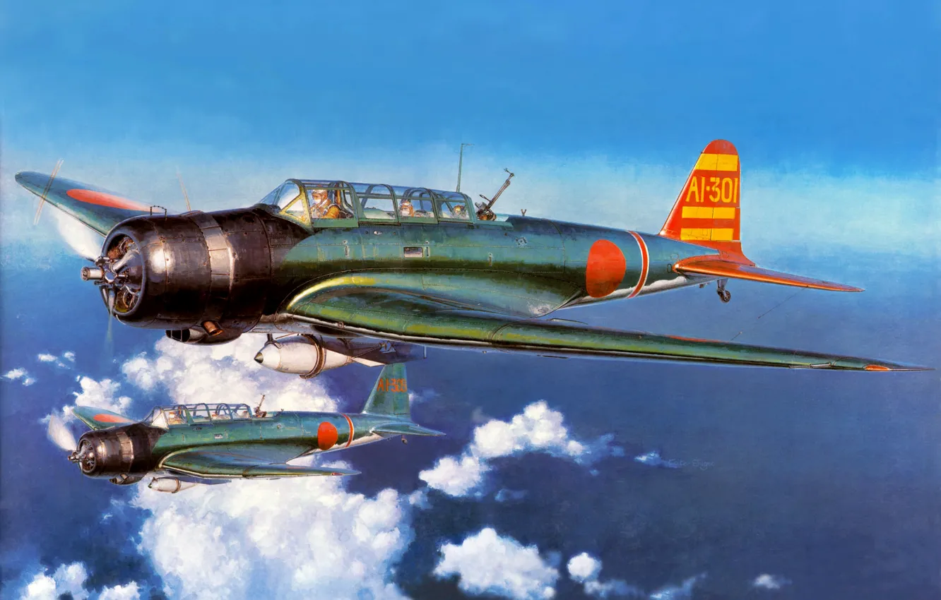 Фото обои небо, облака, рисунок, арт, самолёты, WW2, тип 97, Nakajima B5N