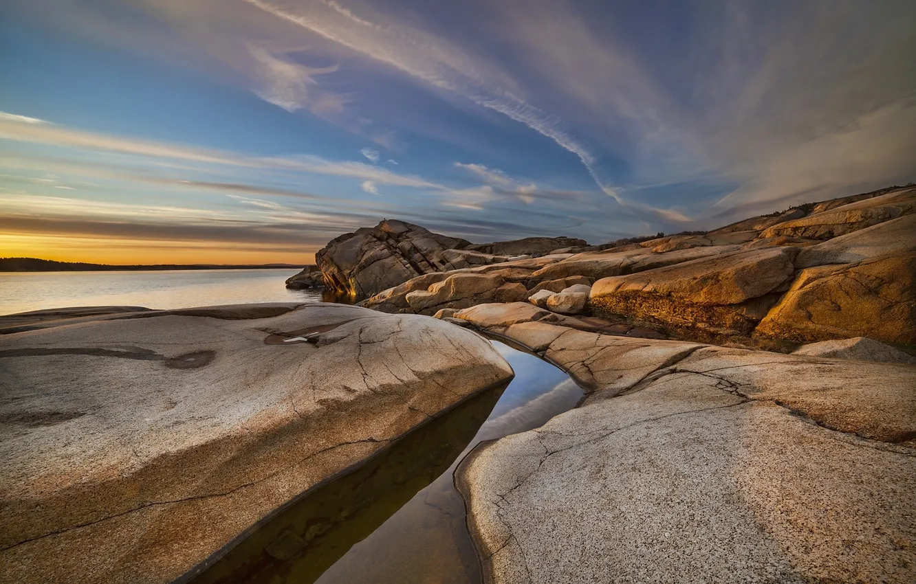 Фото обои скала, камни, океан, рассвет, побережье, утро