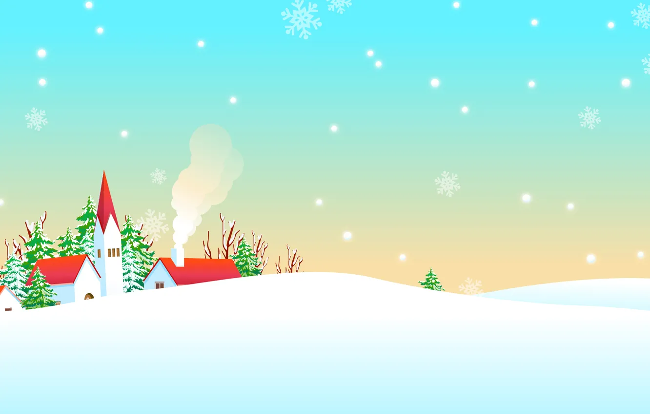 Фото обои снег, деревья, снежинки, холмы, деревенька