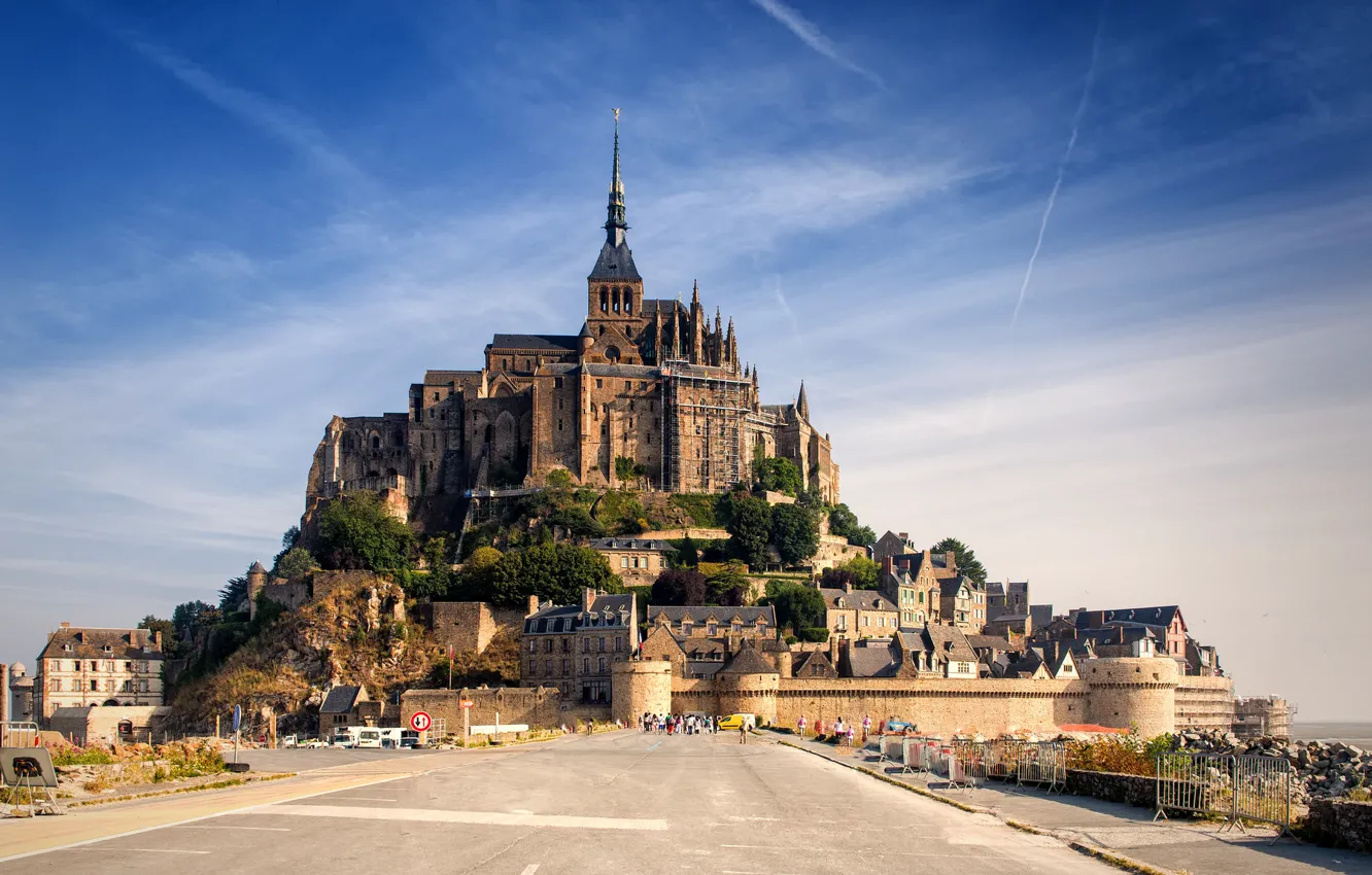 Фото обои небо, замок, Франция, Нормандия, Мон-Сен-Мишель