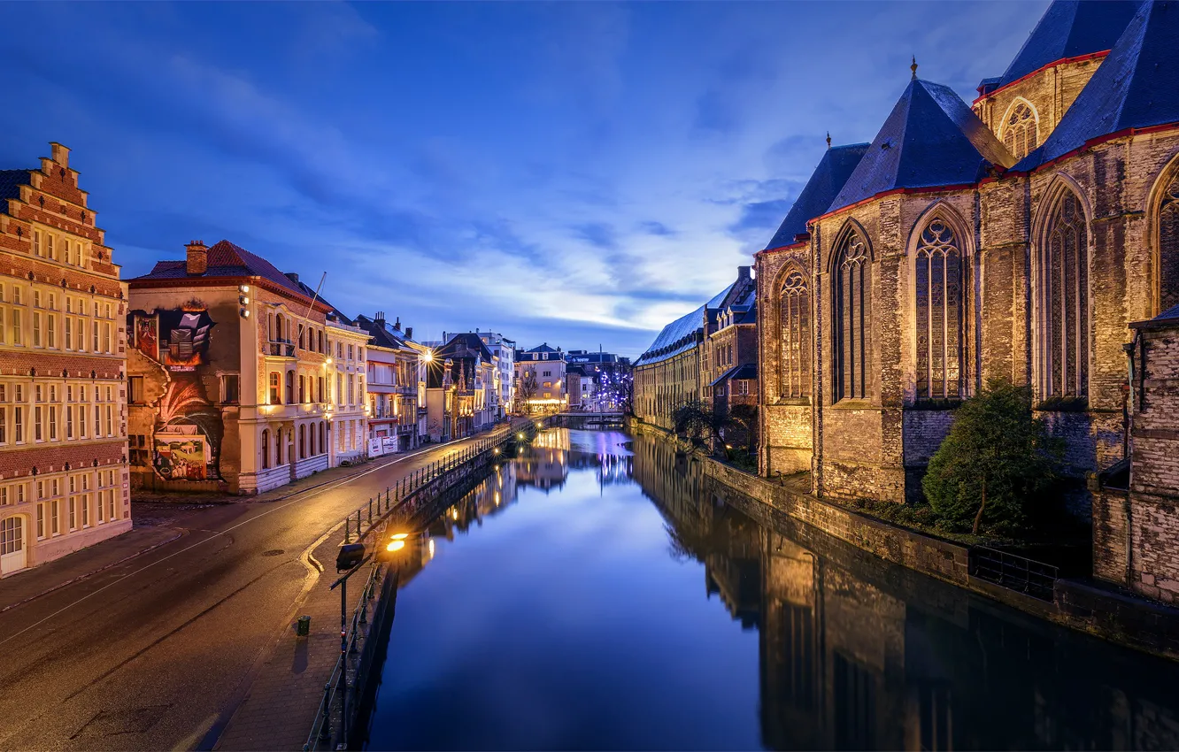 Фото обои вечер, канал, Бельгия, Гент