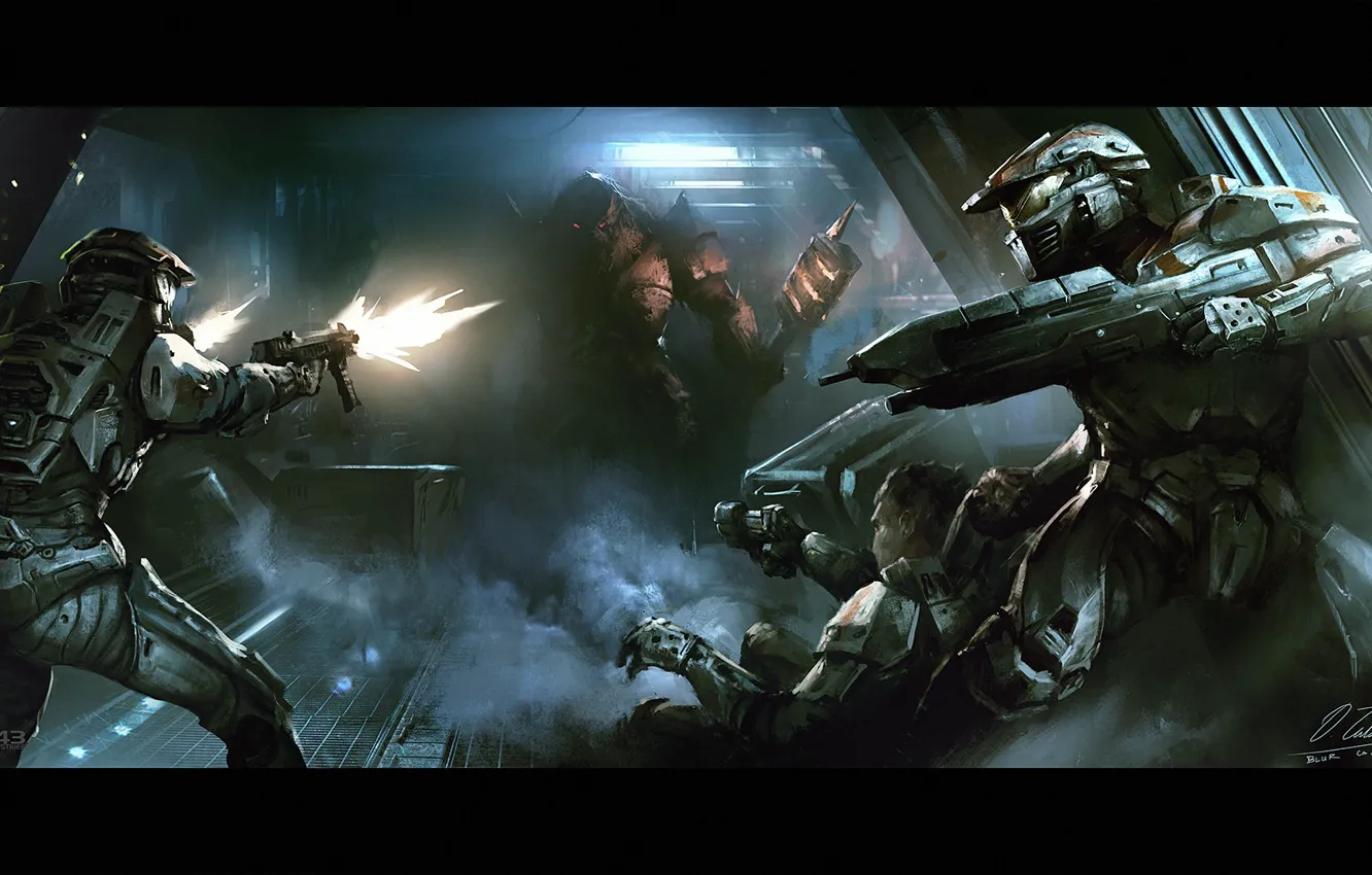 Фото обои фантастика, коридор, автомат, пришелец, броня, схватка, halo, Halo Wars