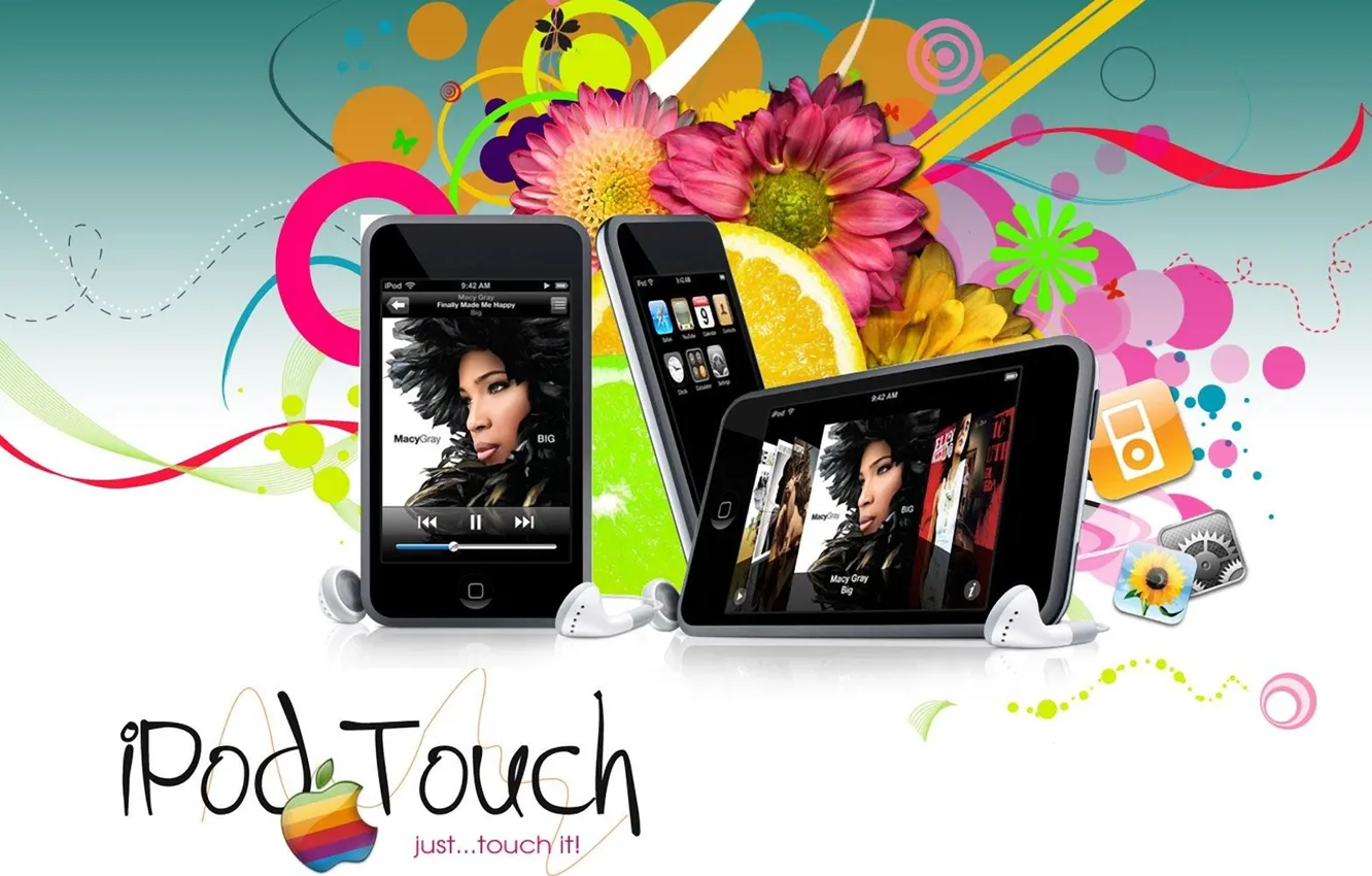 Фото обои цветы, apple, наушники, art, Hi-Tech, mobile, iPod Touch