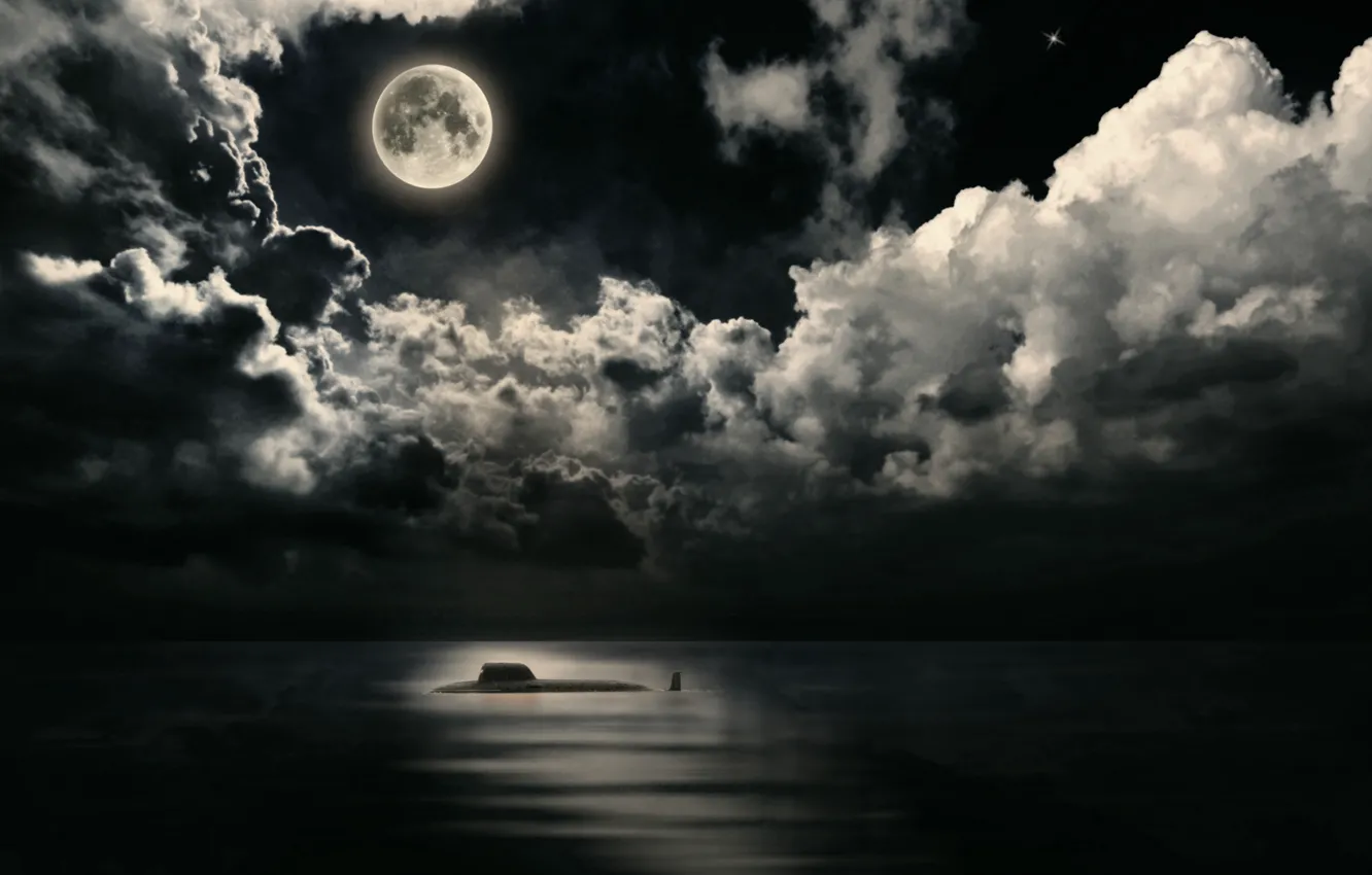 Фото обои море, луна, подлодка, Ясень