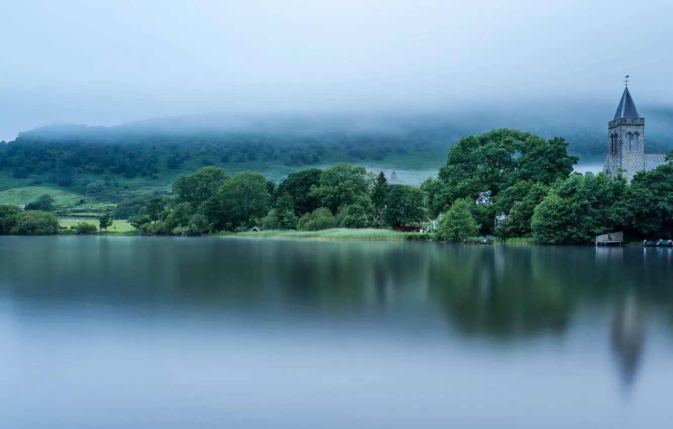 Фото обои туман, озеро, Шотландия, Scotland, Loch Lomond, озеро Лох-Ломонд