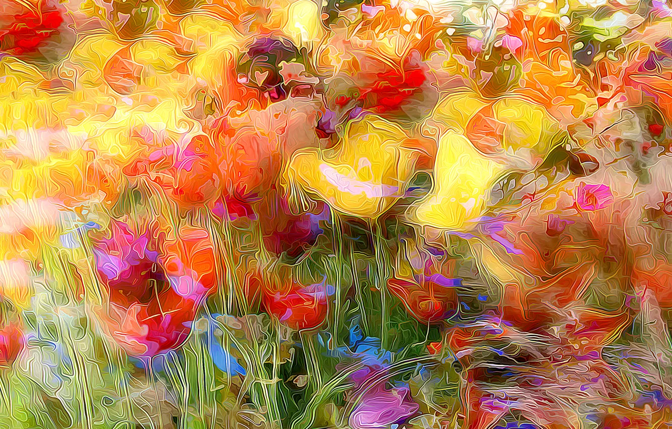 Фото обои поле, цветы, природа, рендеринг, мак, тюльпан, луг