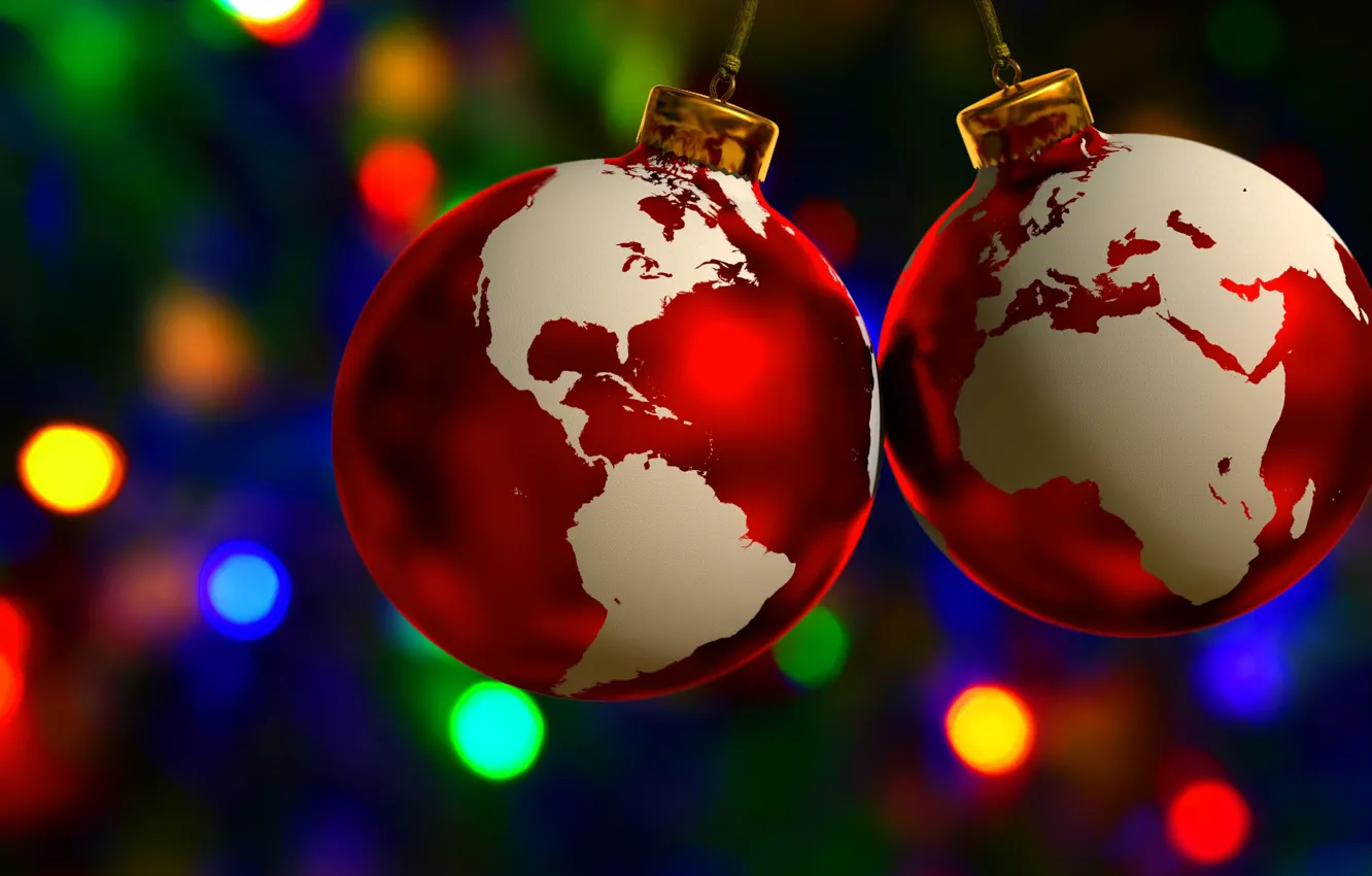 Фото обои шарики, украшения, праздник, игрушки, планета, Рождество, континенты