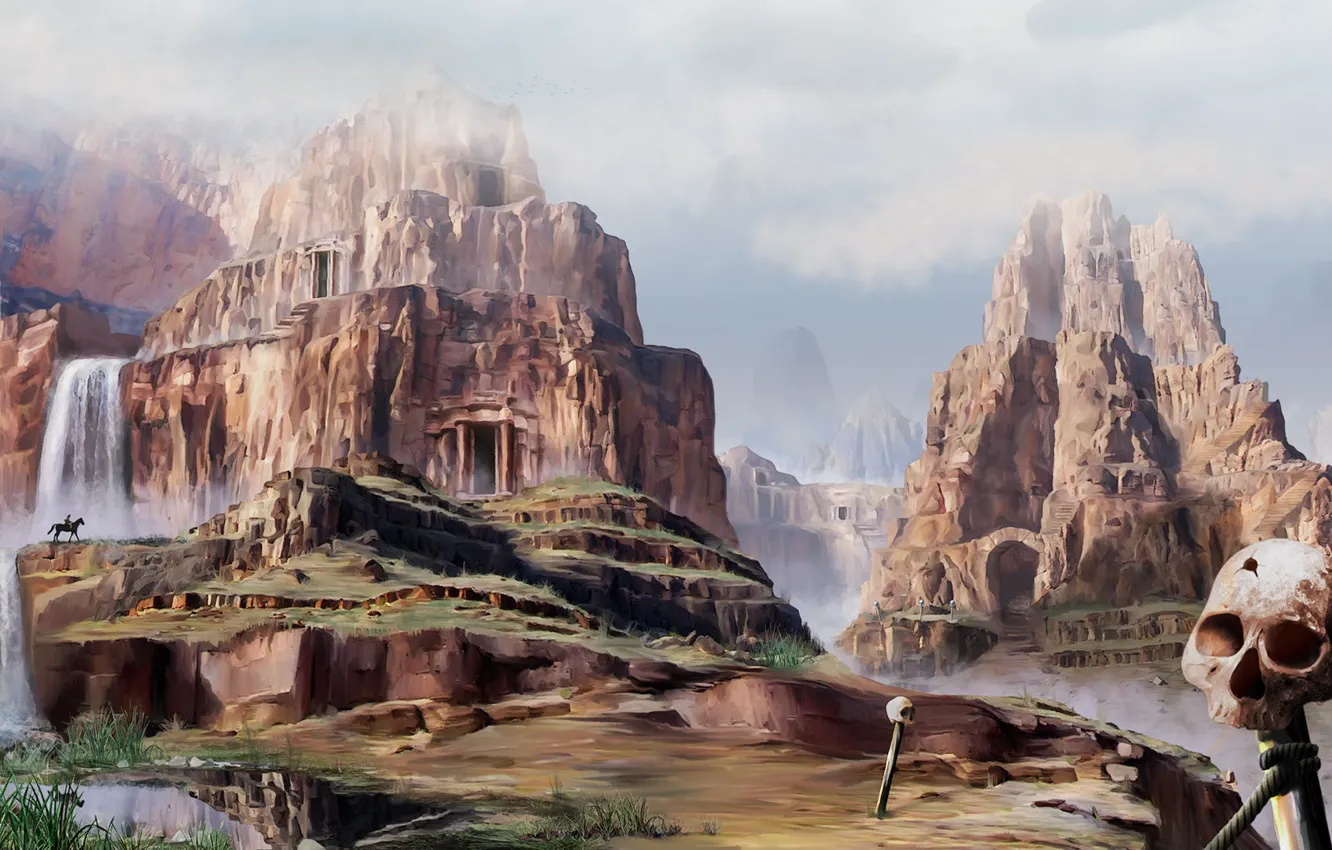 Фото обои горы, скалы, череп, всадник, Zone Interdite