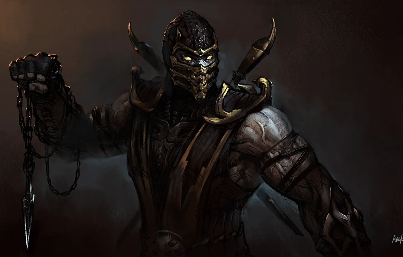 Фото обои маска, арт, цепь, нож, Mortal Kombat, Scorpion, друщие