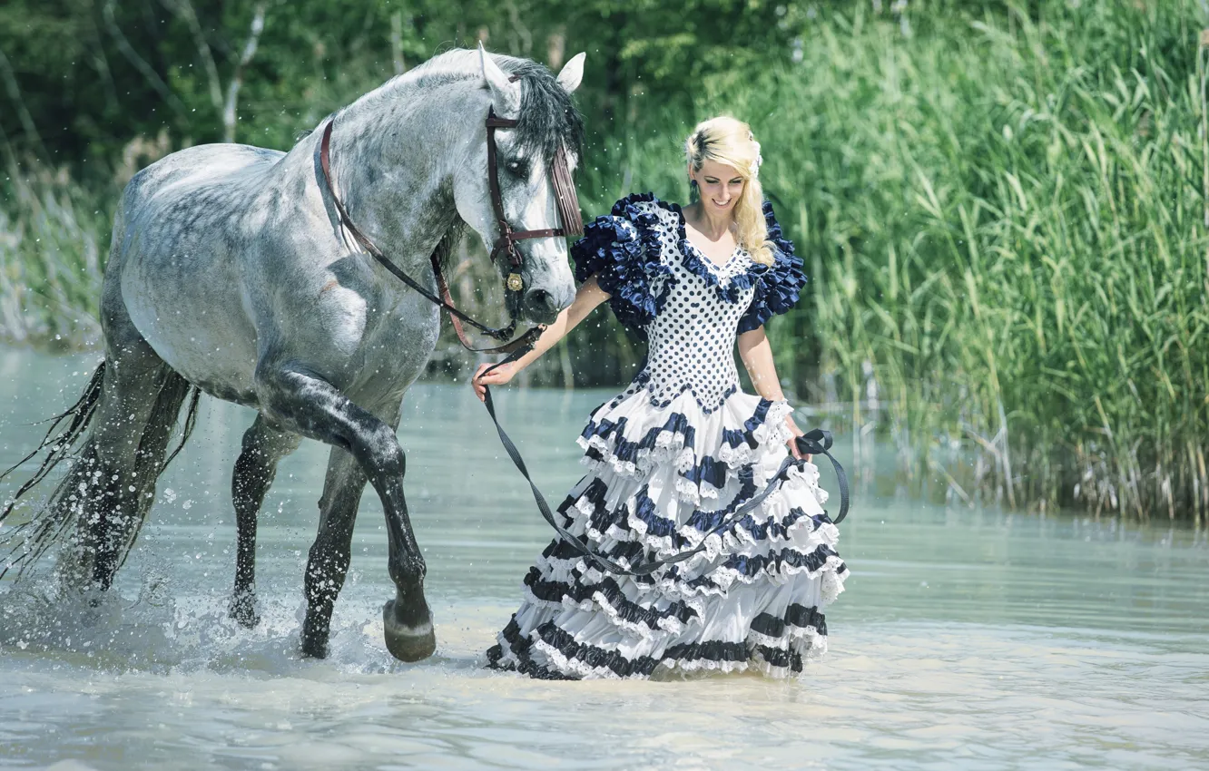 Фото обои вода, девушка, настроение, конь, платье, камыш, прогулка