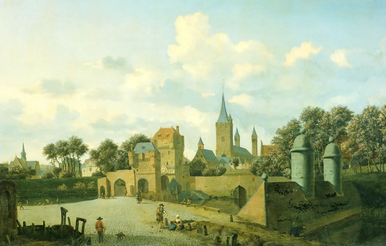 Фото обои город, картина, Ян ван дер Хейден, Святой Северин в Кельне на Фоне Городского Пейзажа