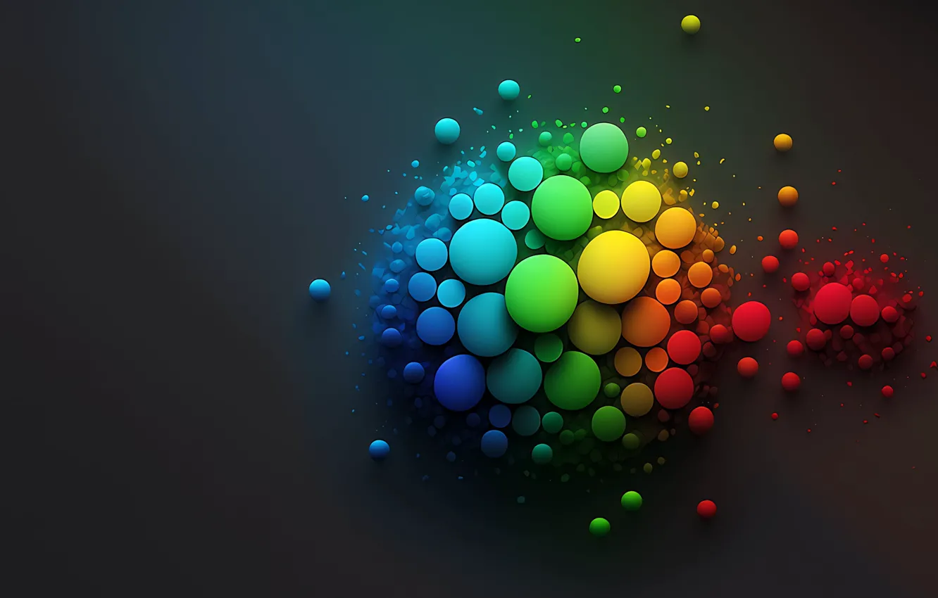 Фото обои шарики, неон, RGB, темно серый фон, цифровой арт, искусственный интеллект, флуорисцент, светящиеся обьекты