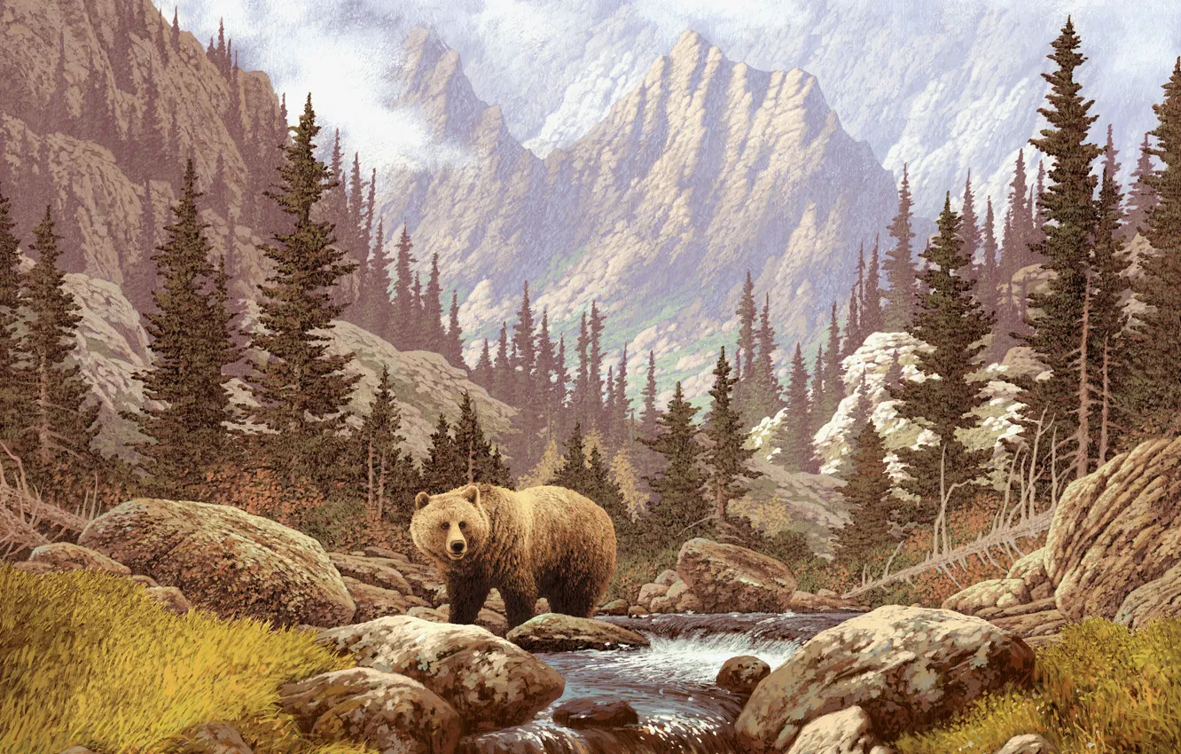 Фото обои небо, пейзаж, горы, ручей, картина, медведь, речка