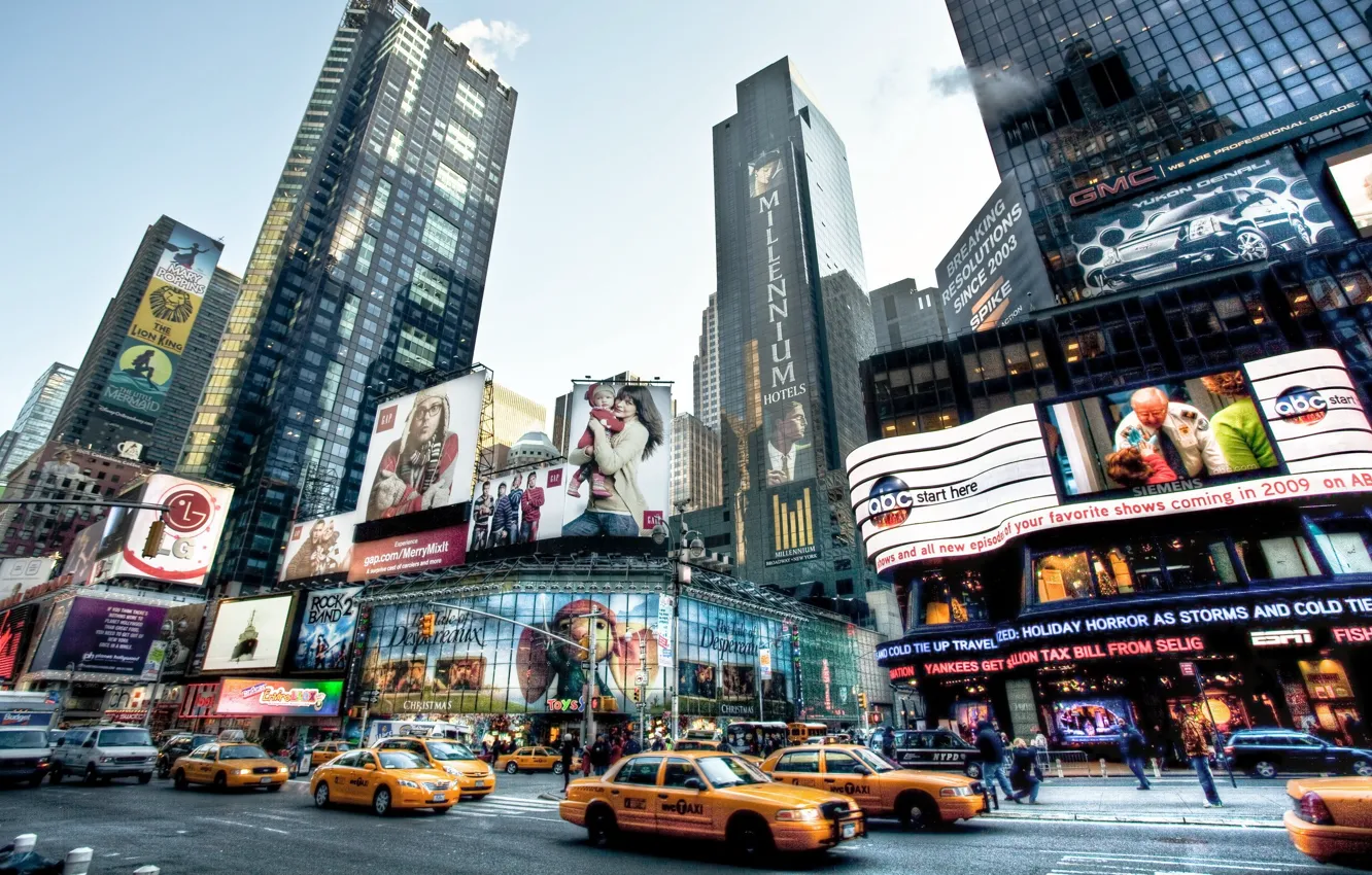 Фото обои дорога, Нью-Йорк, небоскребы, реклама, такси
