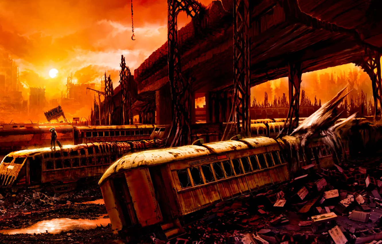 Фото обои мост, апокалипсис, поезд, вагон, руины, Romantically Apocalyptic