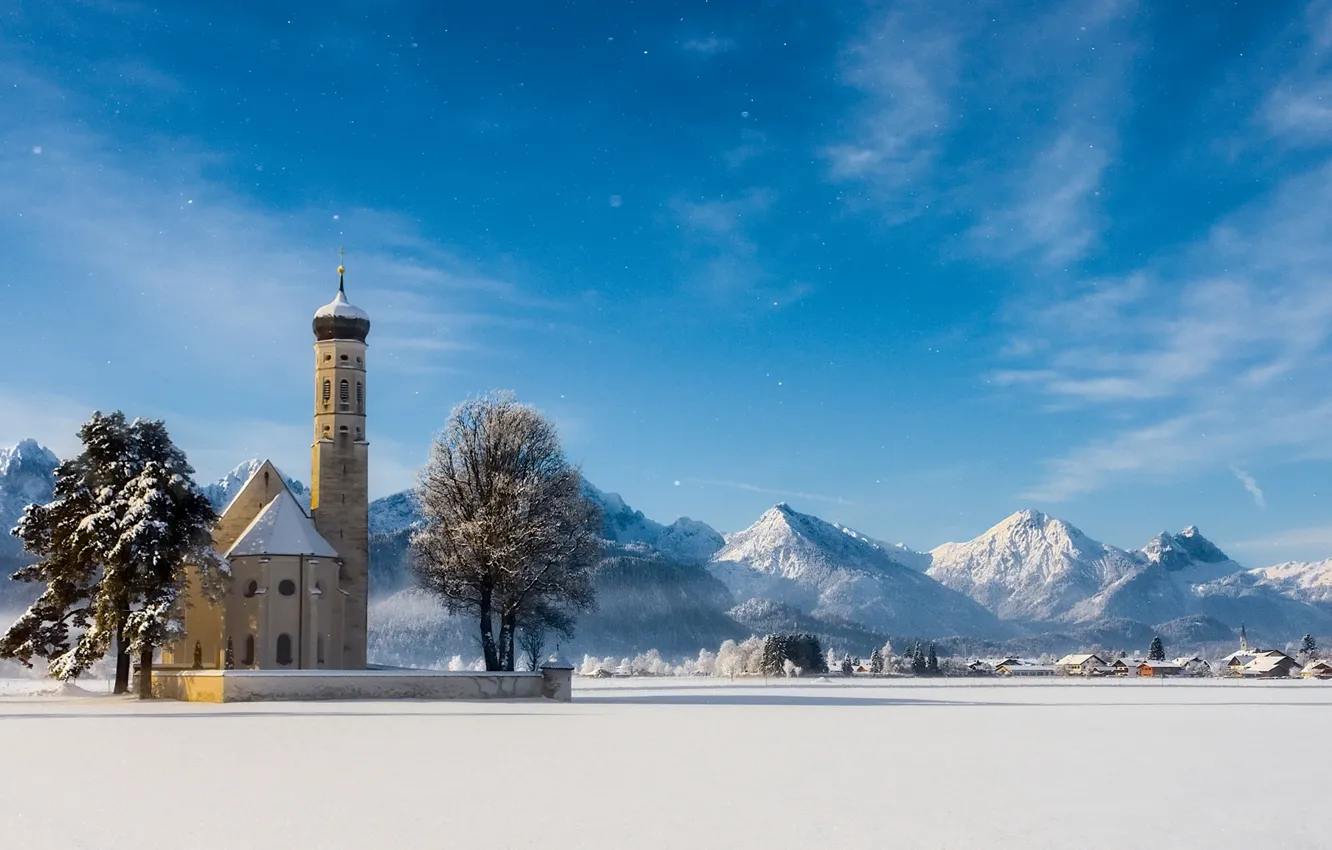Фото обои зима, деревья, горы, Германия, Бавария, Альпы, церковь, Germany