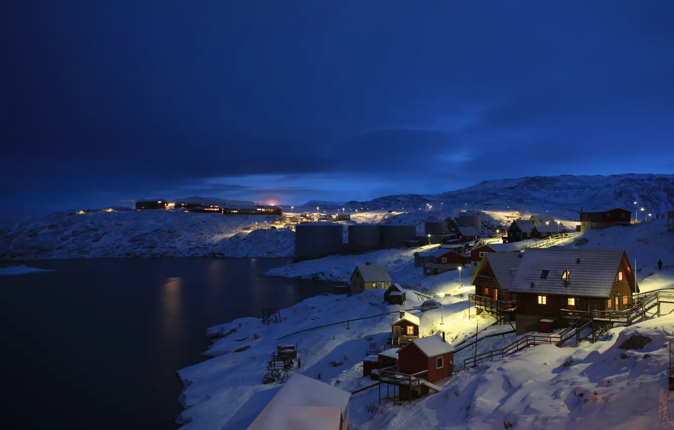 Фото обои зима, пейзаж, ночь, деревня
