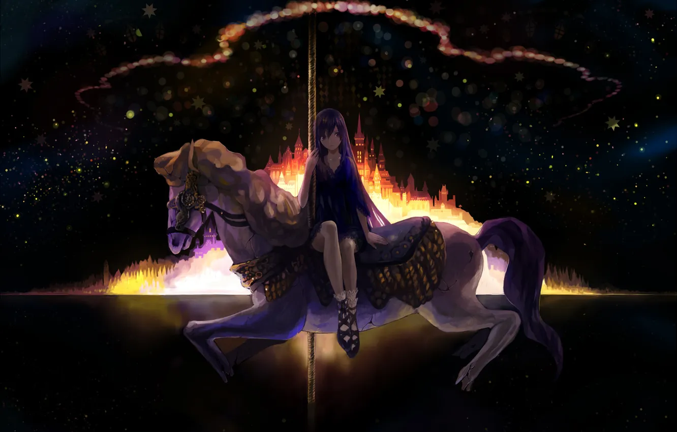Фото обои звезды, свет, ночь, город, лошадь, Девушка, карусель