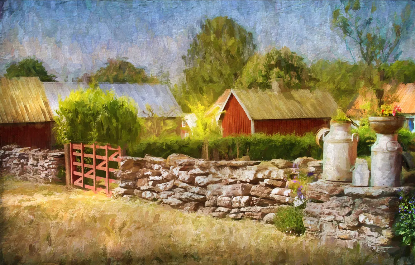 Фото обои деревья, забор, ворота, деревня, арт, домики, живопись, каменный