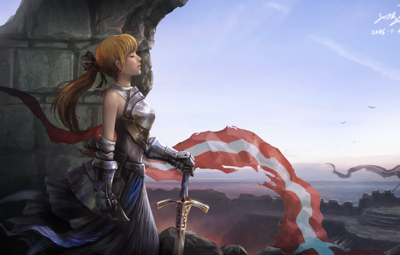 Фото обои девушка, лицо, меч, доспехи, профиль, флаги, крепость, fantasy
